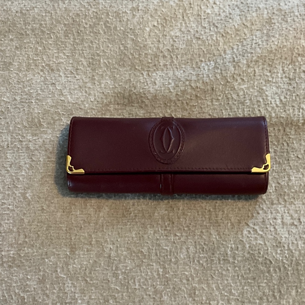 Authentic Cartier Burgundy Leather sunglasses case with Gold Accents